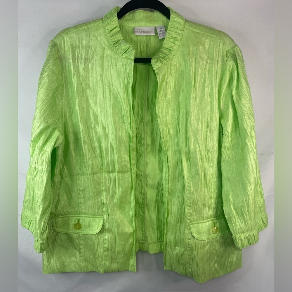 Chicos lime green open jacket. Bright, sporty, and light weight.